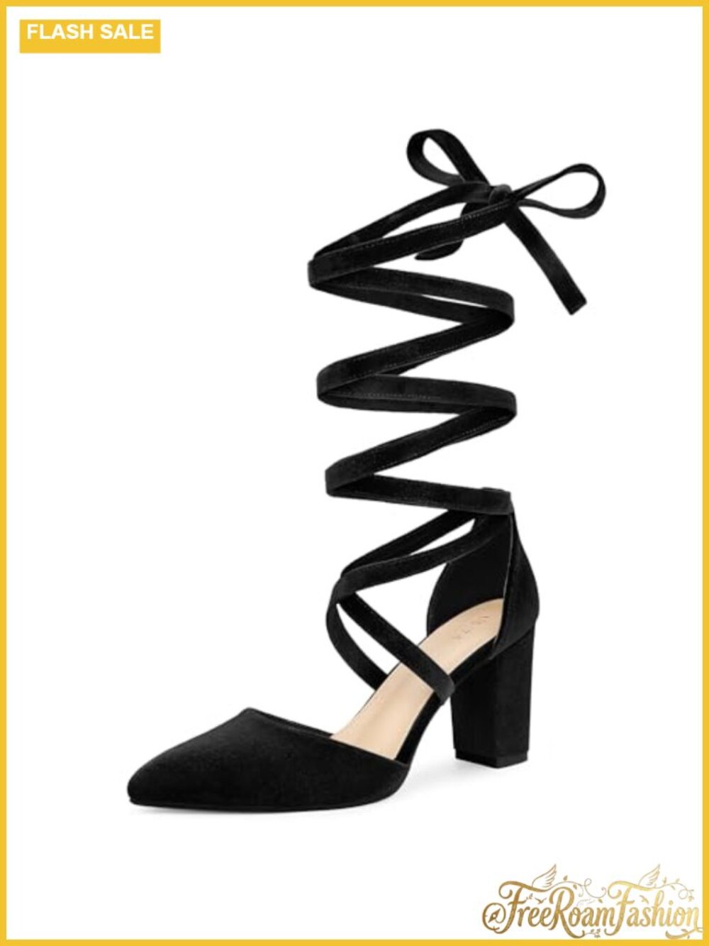 Faux Velvet Lace Up Pointed Toe Chunky Heels Pumps Dress Shoes